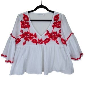 Ada Kamara Womens Peplum Peasant‎ Gauzy Shirt Medium Embroidered Floral Bohemian